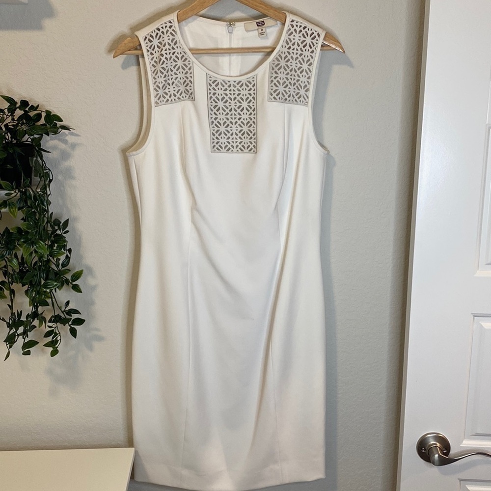 Etcetera White Sheath Dress With Leather Detail - Size 8